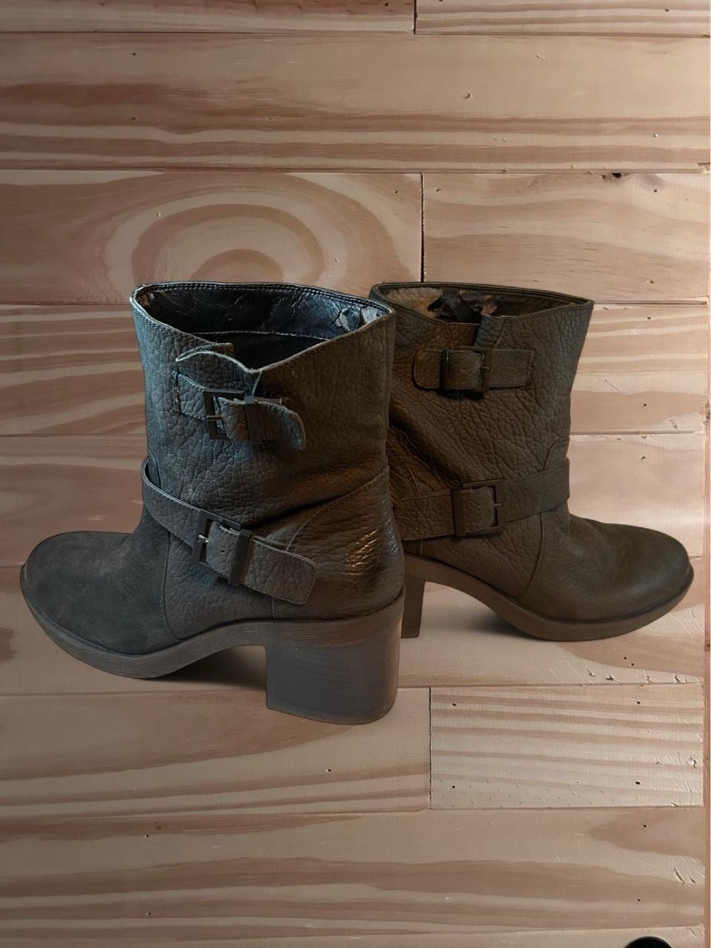 Kenneth Cole Camden Runs Black Leather Moto Boots with Chunky Heel Size 8
